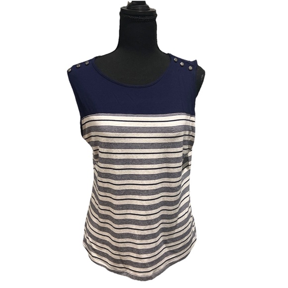 Love Scarlett Women's Navy Striped Sleeveless Top with Button Details Size M - Picture 1 of 5